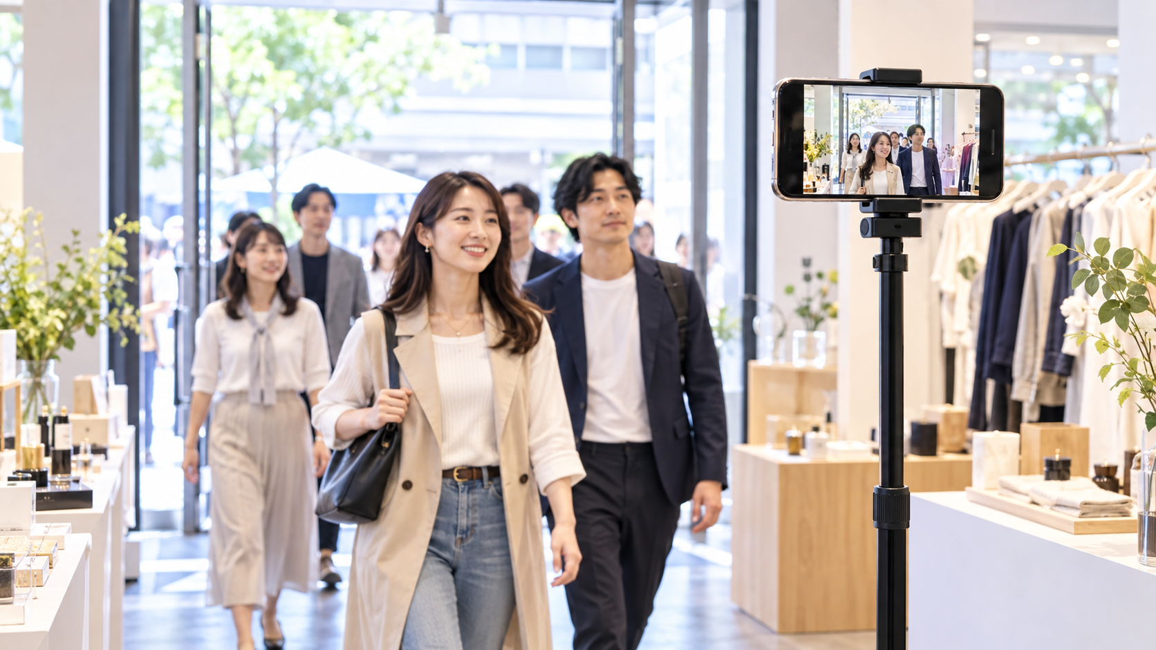 ポップアップストアの入口でスマートフォンを使って来店者を撮影する様子
