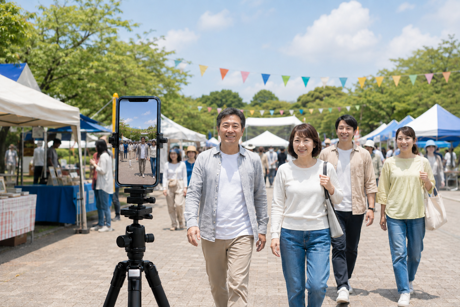 屋外イベントでスマートフォンを使って来場者を撮影するイメージ