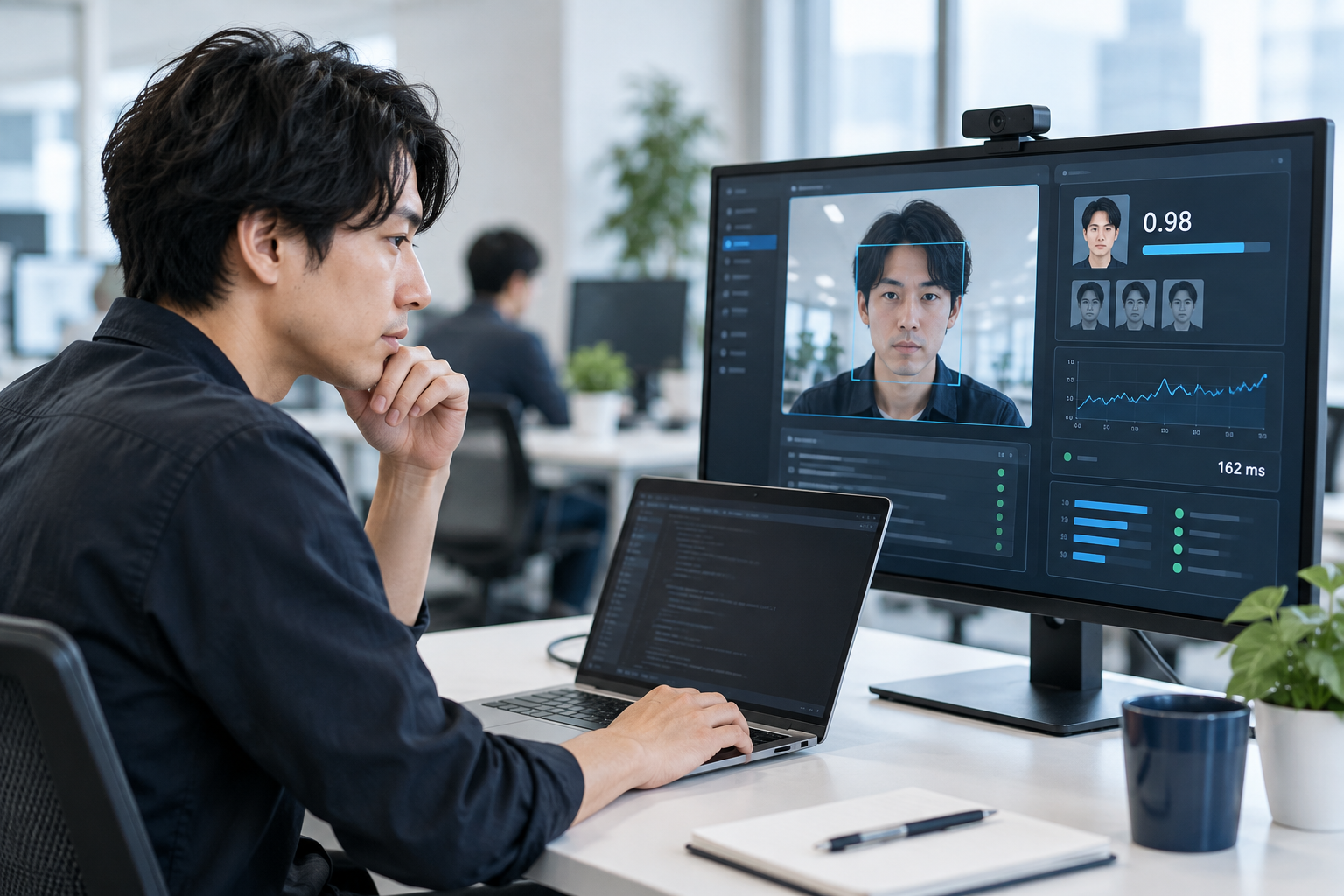 エンジニアがPCで顔認証の精度や認証速度、検証結果を確認している様子