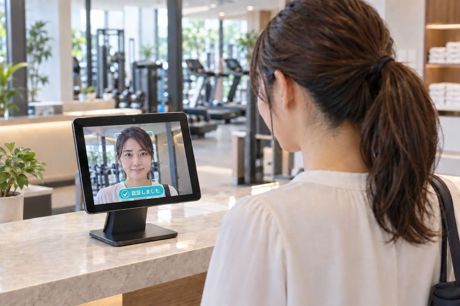 会員施設でタブレットのインカメラを使ってセルフチェックインするイメージ