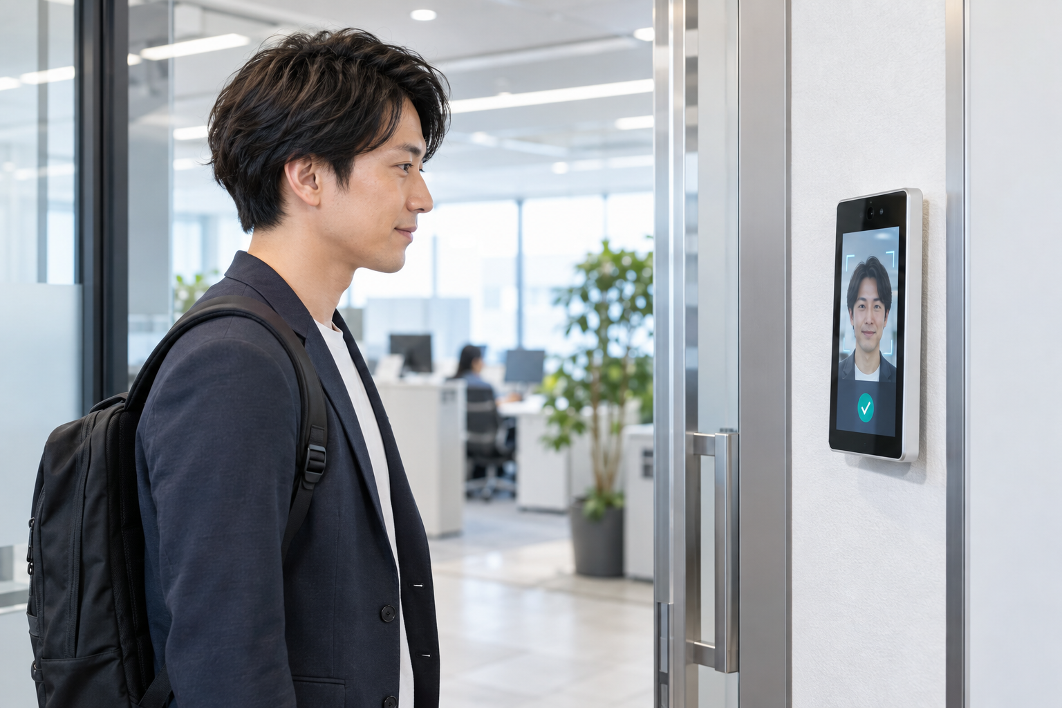 オフィスで壁付け端末を使って顔認証するイメージ